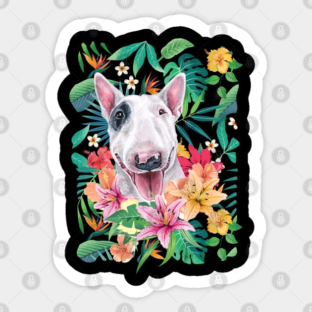 Tropical White and Black Bull Terrier Sticker by LulululuPainting